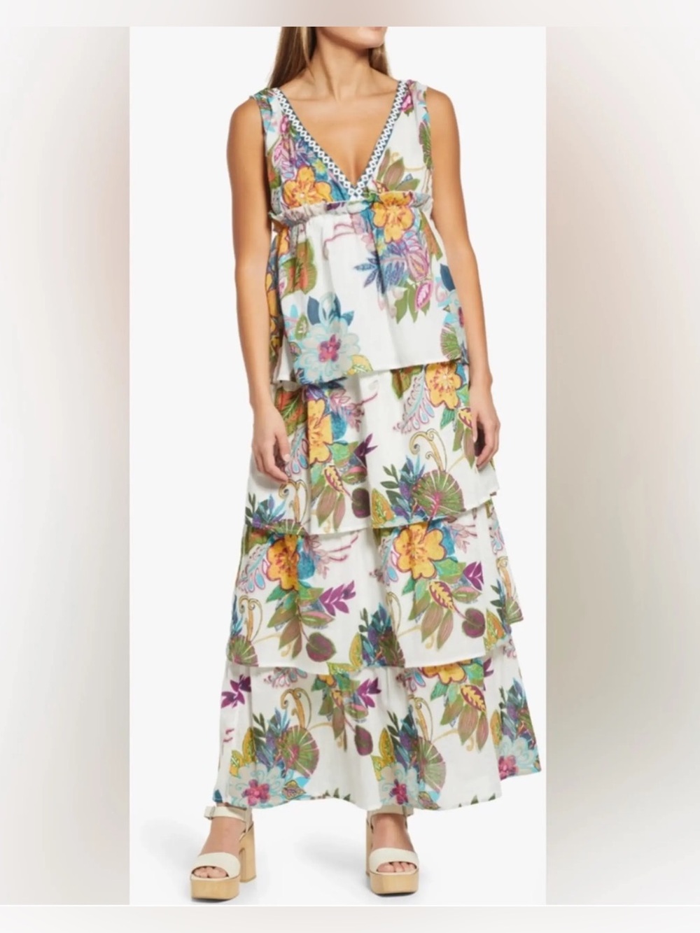 RAGA White Floral Tiered Maxi Dress with Yellow, Teal & Purple Accents